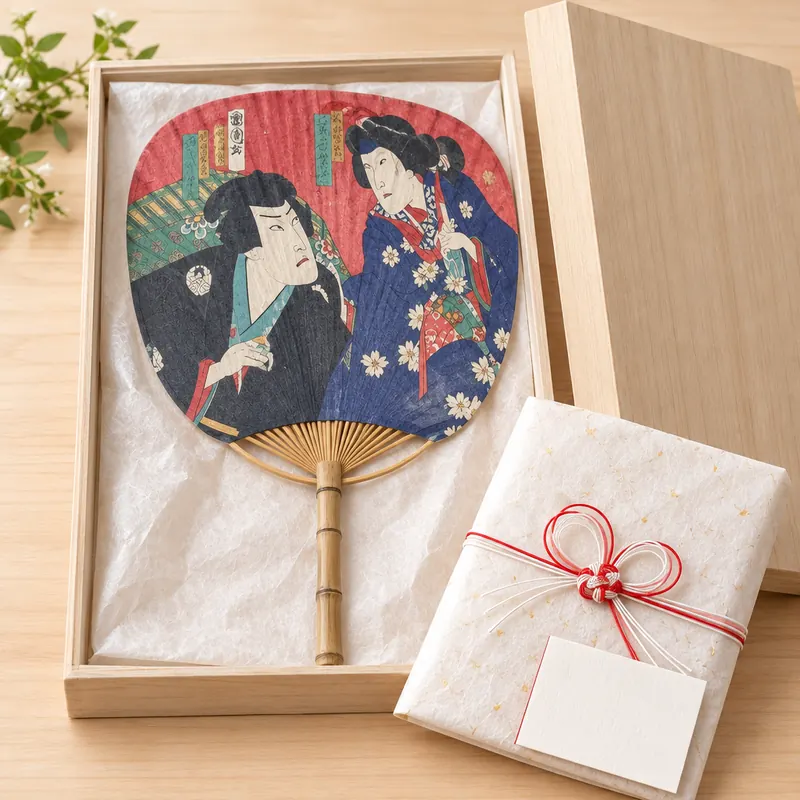 桐箱に納めた浮世絵の大判うちわと水引