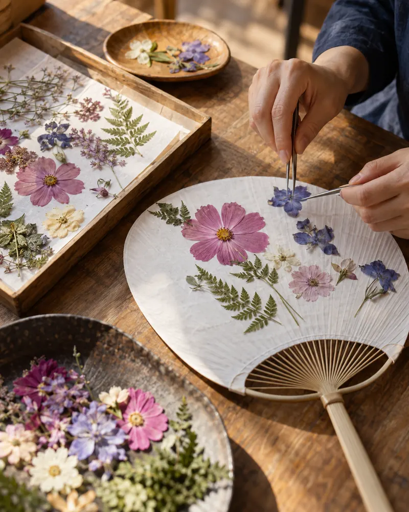 押し花をピンセットで和紙のうちわに並べる手元